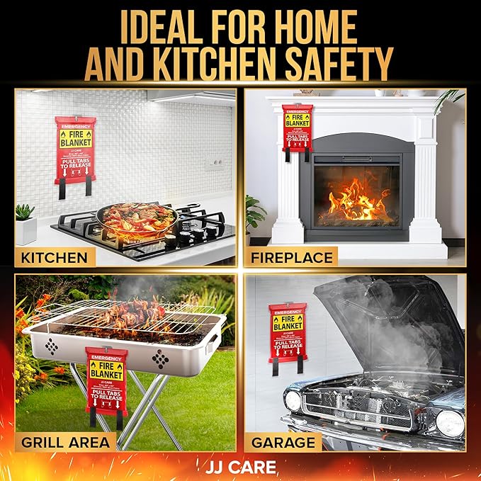 JJ CARE Fire Blanket – 5 Packs with Hooks and Gloves – Emergency Fire Blanket for Home & Kitchen, High Heat Resistant Fire Suppression Blankets for Home Safety, Kitchen, and Camping
