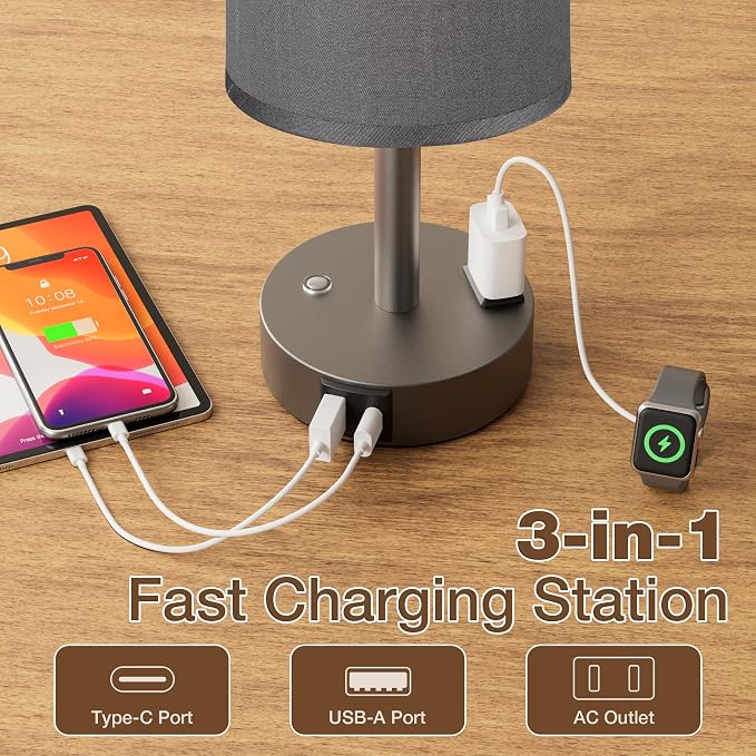 Grey Touch Bedside Lamp for Bedroom, Stepless Dimmable, USB A+C, AC Outlet | Base Touch Button Only, Memory Brightness, Ultra-dim Night Light, Included Bulb for Optimal Dimming, Grey Fabric Shade, Desk