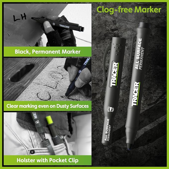 Tracer 5 Piece Construction Marker Kit - Deep Hole Carpenter Pencil Set with 2 Deep Hole Marking Pens, Heavy Duty Clog-Free Marker, 2.8mm Replacement Leads & Storage Case for Woodworking Tools | 5-piece carpenter pencil set with deep hole marking pens,...