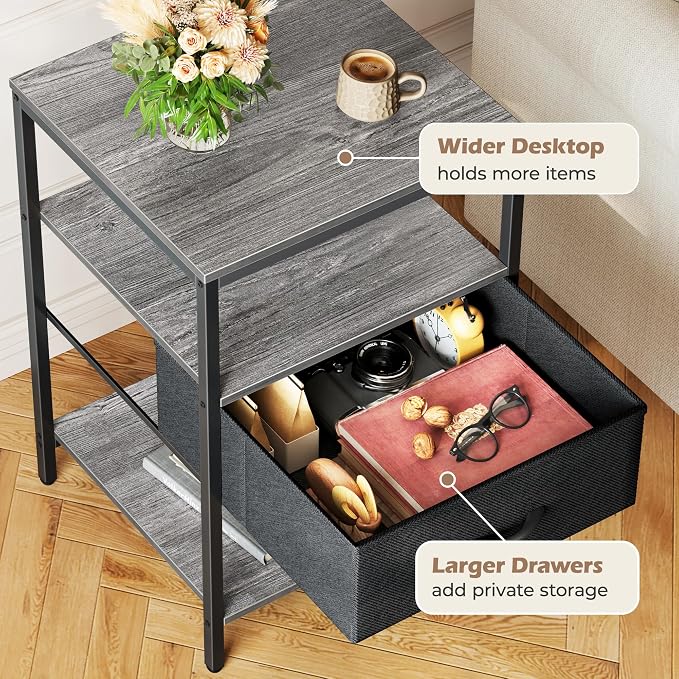 SUPERJARE Nightstand with Charging Station, USB-C Port, Bedside Table | 27.7 Inch Tall Nightstand with Adjustable Fabric Drawer, Large Dresser for Bedroom, Living Room, Gray & Black