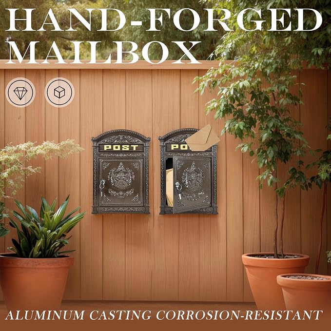 Vintage Lockable Mailbox, Heavy Duty Cast Aluminum Wall Mount Mailbox, Weatherproof Decorative Mail Box for Outside, Bronze Finish, Large Capacity