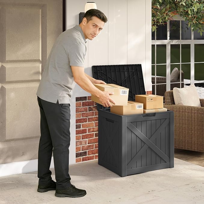 PatioZen 32 Gallon Package Delivery Box, Lockable Outdoor Package Delivery Box with Lid, Waterproof Resin Storage Bench for Patio Furniture, Garden Tools, Cushions, Pool Accessories (Black)
