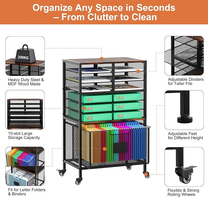 EasyPAG Rolling Cart with Storage Drawer, Under Desk Filling Cabinet with Mail Sorter, Pull Out Hanging File Rack for Letter Size Folders, Mobile Utility Craft Cart for Home Office, Black