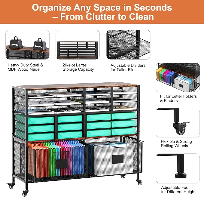 EasyPAG Rolling Cart with 2 Storage Drawer, Under Desk Filling Cabinet with Mail Sorter, Pull Out Hanging File Rack for Letter Size Folders, Mobile Utility Craft Cart for Home Office, Black