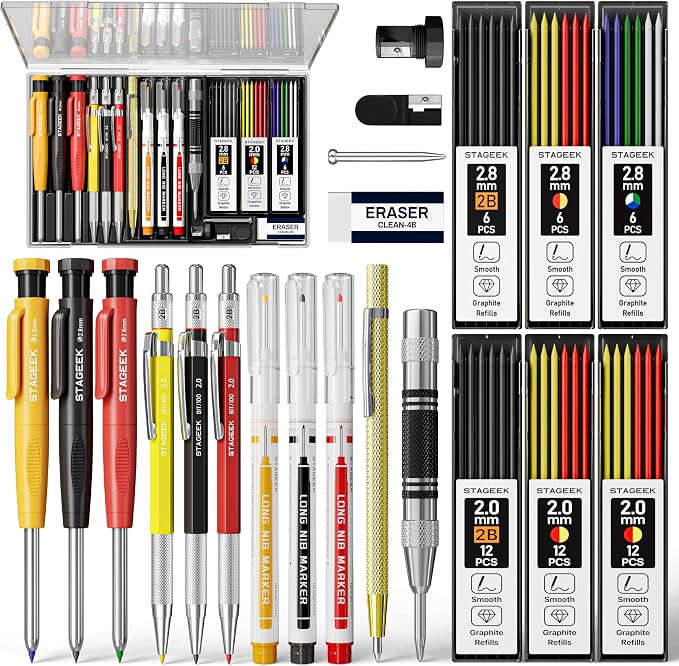 STAGEEK 22 Pack Carpenter Pencil Set with Sharpener | Construction Pencil Set with Deep Hole Long-Nib Markers , Woodworking Tool & Carpenter Pencils for Architect, DIY with Case