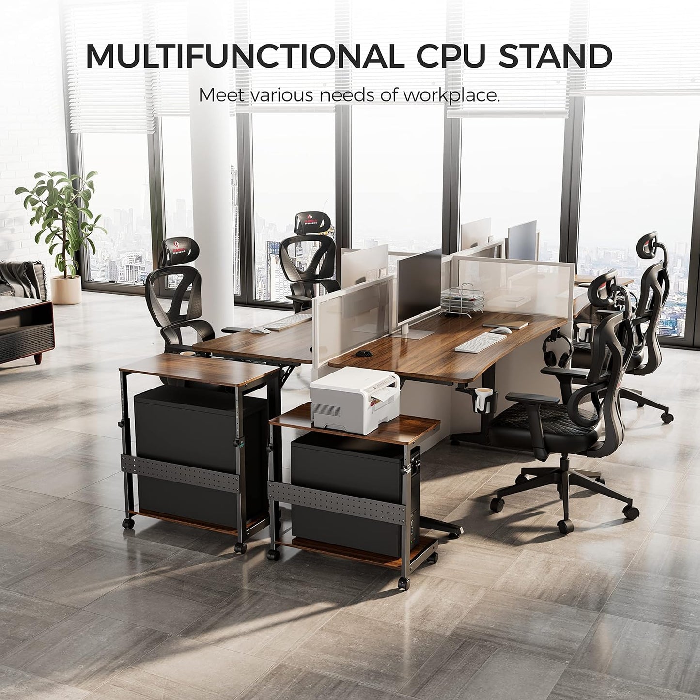 EUREKA ERGONOMIC PC Stand Computer Cart, Height Adjustable Tower Stand 2-Tier Suit for ATX Case Printer, Metal Rolling Cart on Wheels for Gaming Home Office, Walnut