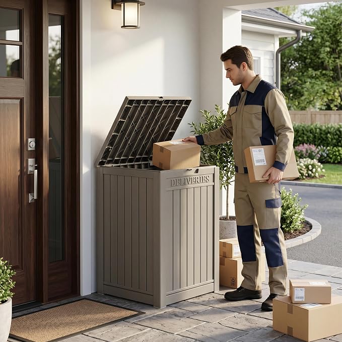55 Gallon Outdoor Package Delivery Box Waterproof with Lockable, Weatherproof Secure Parcel Drop Box for Porch, Resin Outside Storage Boxes Grey