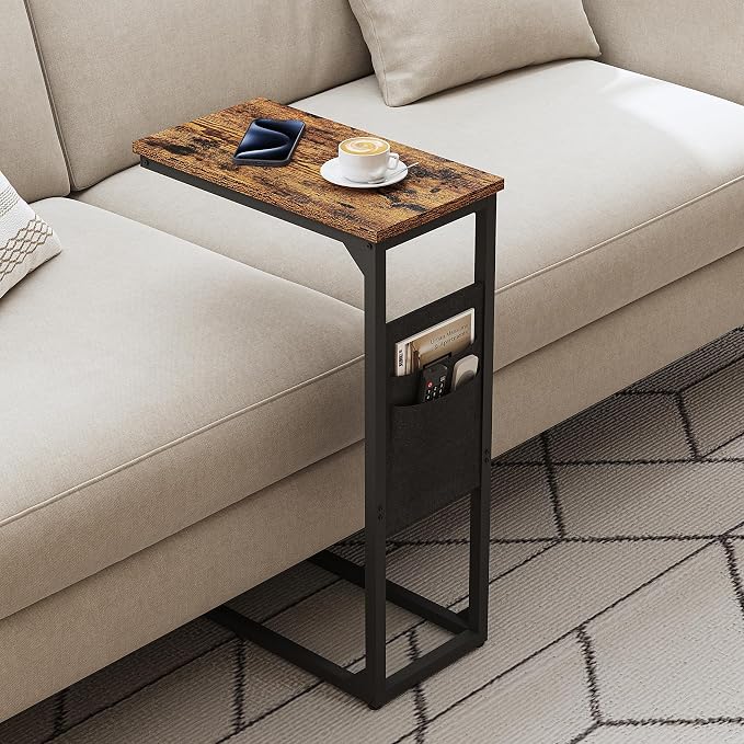 TUTOTAK C Shaped End Table, Side Table for Couch, Sofa Table | with Storage Bag, Set of 2, TV Tray for Living Room, Bedroom, Brown TB01BB0822