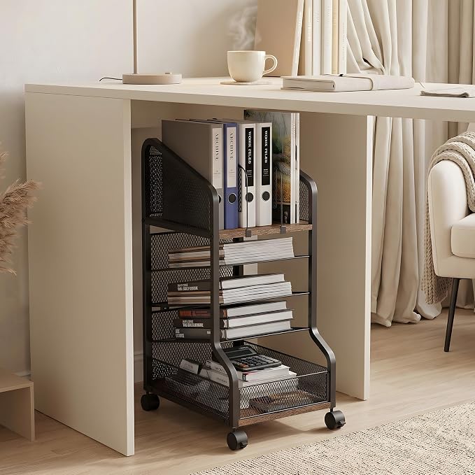 Rolling File Cart Under Desk Storage and Organizers 5-Tier Black | Small Filing Cabinet with Adjustable Dividers and Lockable Wheels, Under Desk File Organizer for Home, Office