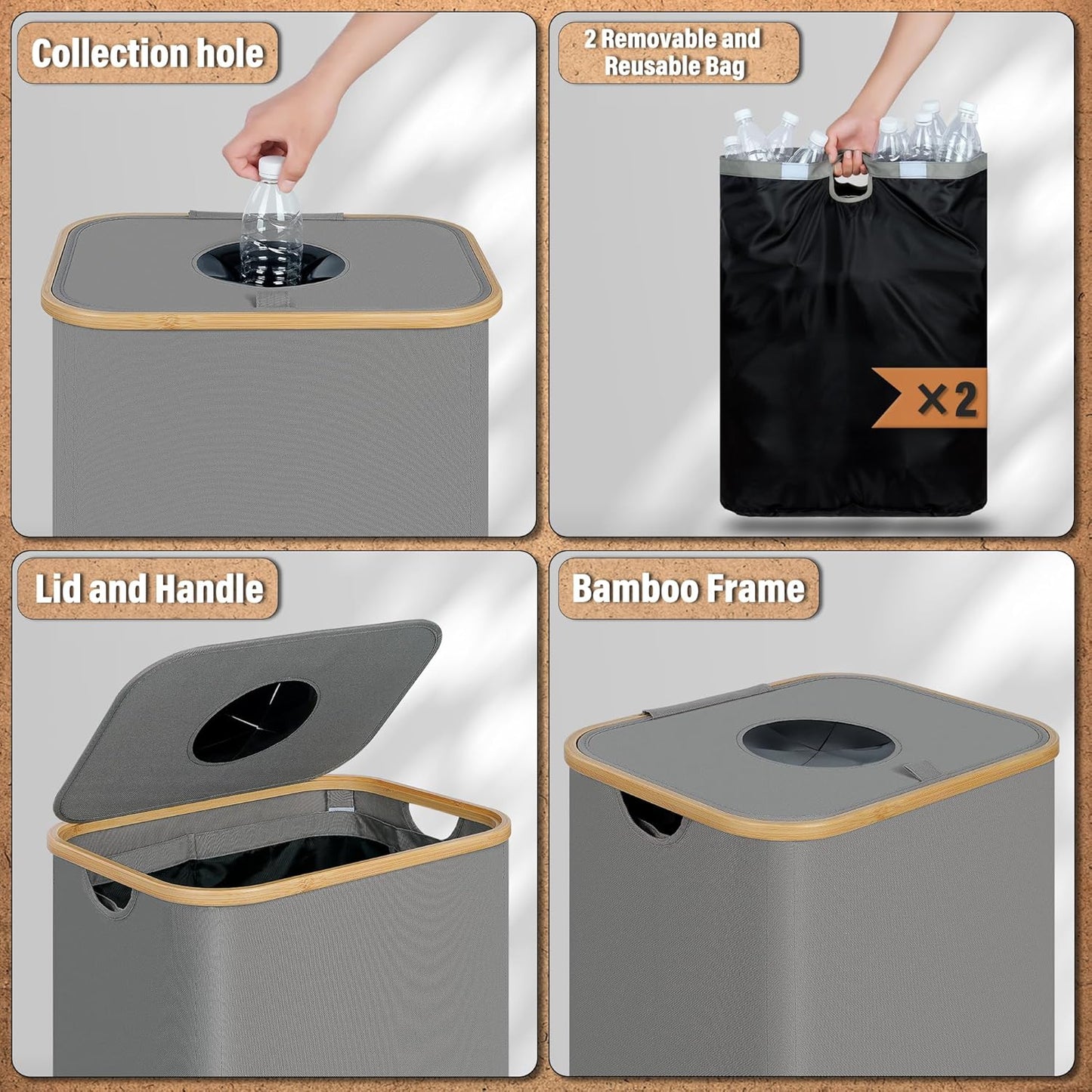 efluky Recycle Bin 26 Gallon, 100L Recycle Bin for Kitchen with 2 Removeable and Reusable Inner Bag, Large Recycling Bin with Lid for Bottle Can Plastice Stickers (Grey)