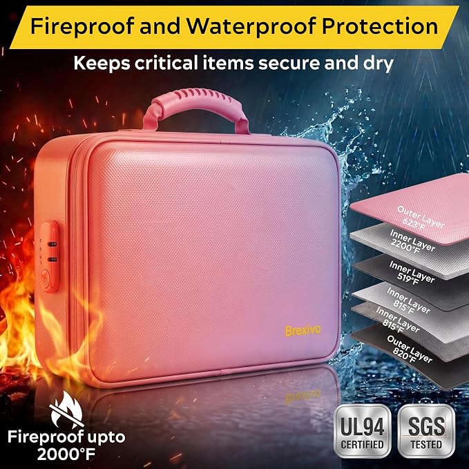 Fireproof Document Box with Lock, 13-Folder File Organizer Bag | 13 accordion folders for passports, certificates, cash & important documents, ideal for home office travel storage