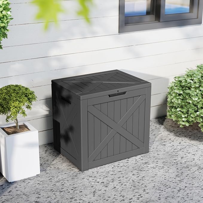 PatioZen 32 Gallon Package Delivery Box, Lockable Outdoor Package Delivery Box with Lid, Waterproof Resin Storage Bench for Patio Furniture, Garden Tools, Cushions, Pool Accessories (Black)