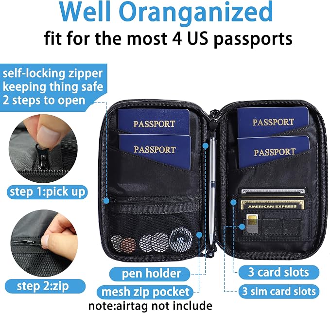 Lagre Family Passport Holder for 4, Pink | Multiple Passport Bag, RFID Blocking, Waterproof with Zipper, For Women & Men
