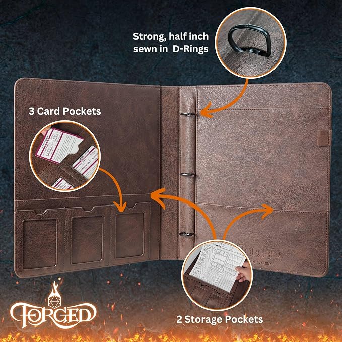 Forged Dice Co. Game-Folio PU Leather Portfolio Binder - Gaming Binder for DND Character Sheets with DND Spell Cards Organizer and Clear Front Pocket - Compatible with Dungeons and Dragons RPG - Brown