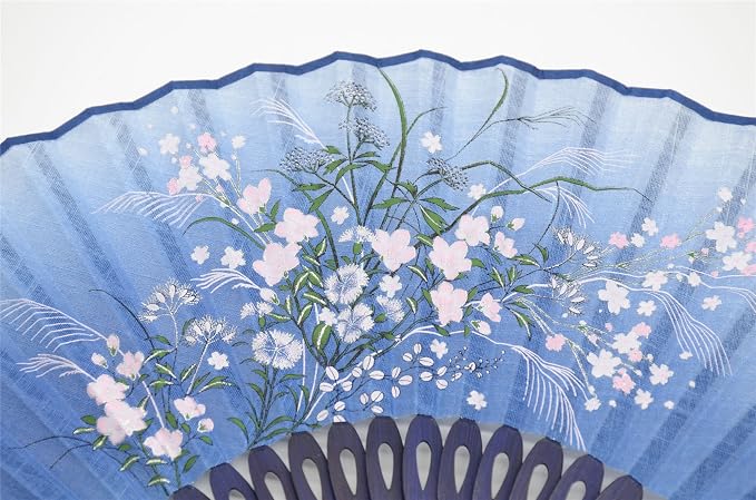 OMyTea® "Grassflowers 8.27"(21cm) Hand Held Folding Fans - With a Fabric Sleeve for Protection for Gifts - Chinese/Japanese Vintage Retro Style (Blue)