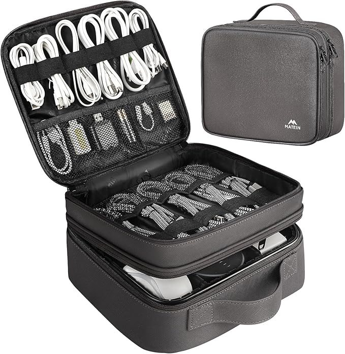 MATEIN Cord Organizer Bag with Adjustable Divider, DJ Electronic Storage | Cable File Bag, Charger Organizer Box, Double Layer, Shockproof, Tech Accessories, Cord Bag Organizer, Double Layer, Grey