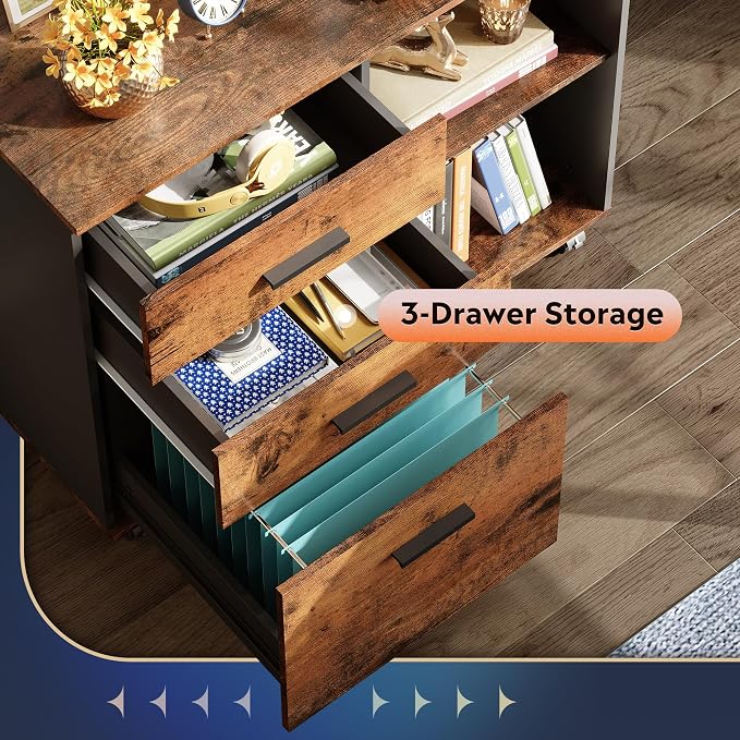 DEVAISE 3-Drawer Mobile File Cabinet, Lateral Filing Cabinet, Rustic Brown | Wood, Rolling Printer Stand, Under Desk Storage, Open Shelves, Fits Letter & A4 File, Home Office