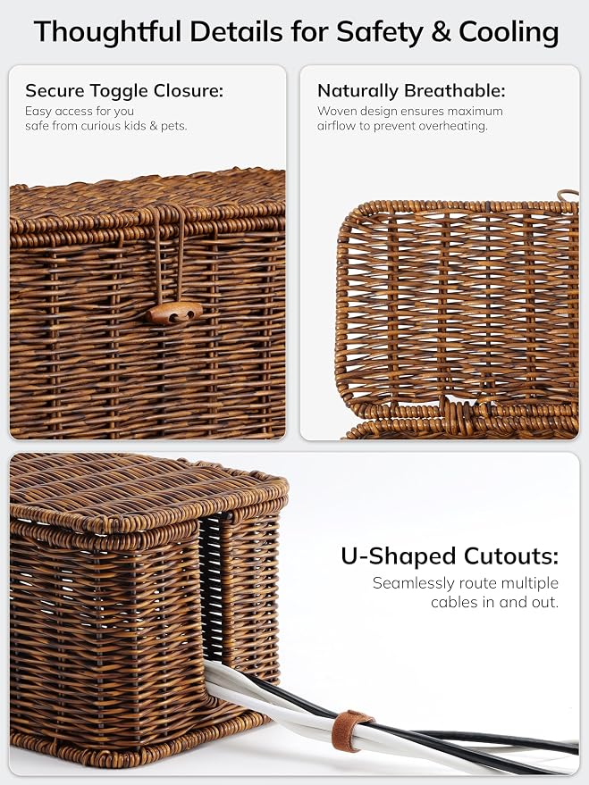 BROWNLILY Rattan Wire Storage Box, Handmade Cord Organizer for Desk Cord Hider Outlet Covers for Power Strip TV PC Router Charger Under Desk Cable Management Box