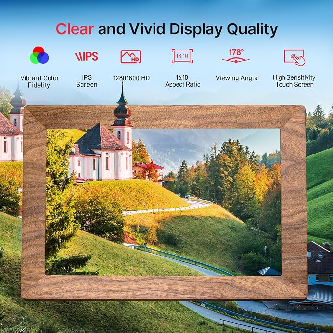 Frameo 10.1" Digital Picture Frame, Smart WiFi Digital Photo Frame with 1280x800 HD IPS Touch Screen 32GB Memory Auto-Rotate Wall Mounted, Share Photos/Videos from Phone Anywhere - Brown