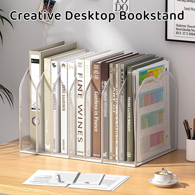 FANXIYQ White 7-Section File Folder Organizer for Desk – Metal Vertical File Holder, Desktop File Organizer Vertical Stand, Letter/A4 Folder Rack, Upright File Sorter, Office Paper Organizer