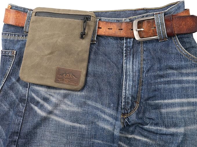 Belt Zipper Pouches for Men Women Compact EDC Pouch, YKK Zipper, Anti-theft Pickpocket Proof Safety Wallets, Waist Pack for Traveling Hiking, Water Resistant, Tough Waxed Canvas, Olive