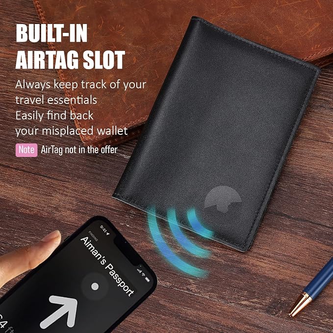 STAR VISTA Albatross Leather Travel Passport Holder, Minimalist Design, Calfskin Leather Case for Women and Men - Slim Passport Wallet, Bifold, RFID Blocking, with AirTag Holder, Black
