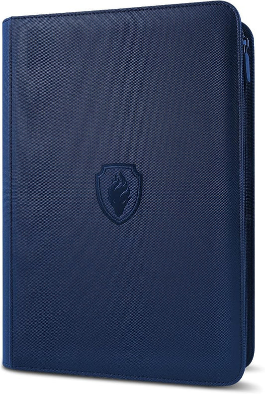 Premium Zip Card Binder, Fabmaker 9 Pocket Trading Card Binder, PU Cover Zipper Card Collection Album, Sturdy 360 Side-Loading Card Folder Holder for Game & Sports Cards, Navy Blue