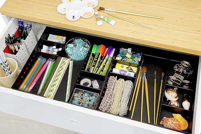 CAXXA 3 Slot Drawer Organizer with 4 Adjustable Dividers - Junk Drawer Storage for Makeup & Vanity, Office Desk Supplies and Accessories (BLACK, 1 PACK)