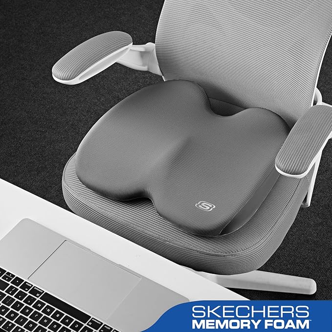 Skechers Seat Cushion, Ergonomic Memory Foam Cushion for Long Sitting Hours on Office & Home Chair, Car Seat Cushion for Sciatica, Coccyx Cushion,Gray