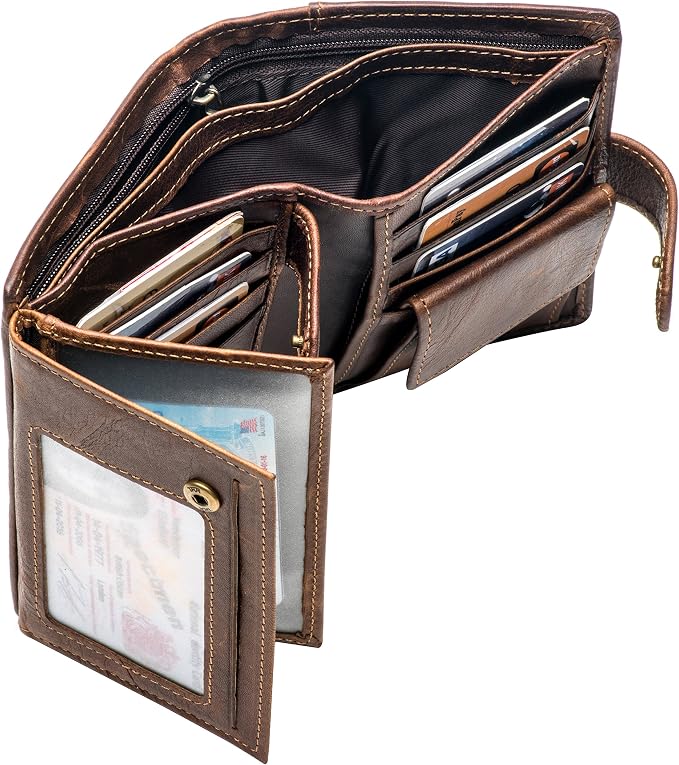 POKOFO Large RFID Genuine Leather Card Holder Trifold Wallet Snap Closure 3 ID Windows for men