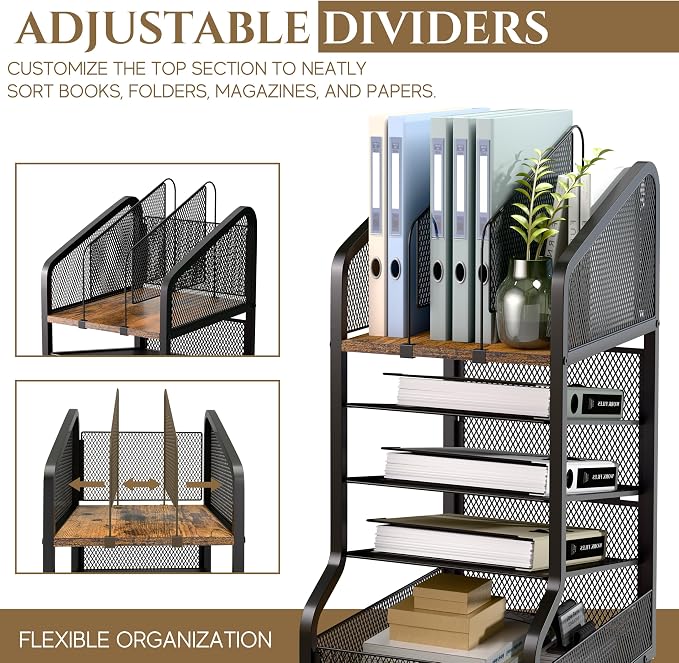 Rolling File Cart Under Desk Storage and Organizers 5-Tier Black | Small Filing Cabinet with Adjustable Dividers and Lockable Wheels, Under Desk File Organizer for Home, Office
