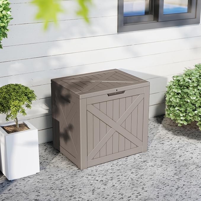 PatioZen 32 Gallon Package Delivery Box, Waterproof Outdoor Package Delivery Box with Lid, UV-Resistant Resin Storage Bench for Patio Furniture, Garden Tools, Cushions, Pool Accessories(Grey)
