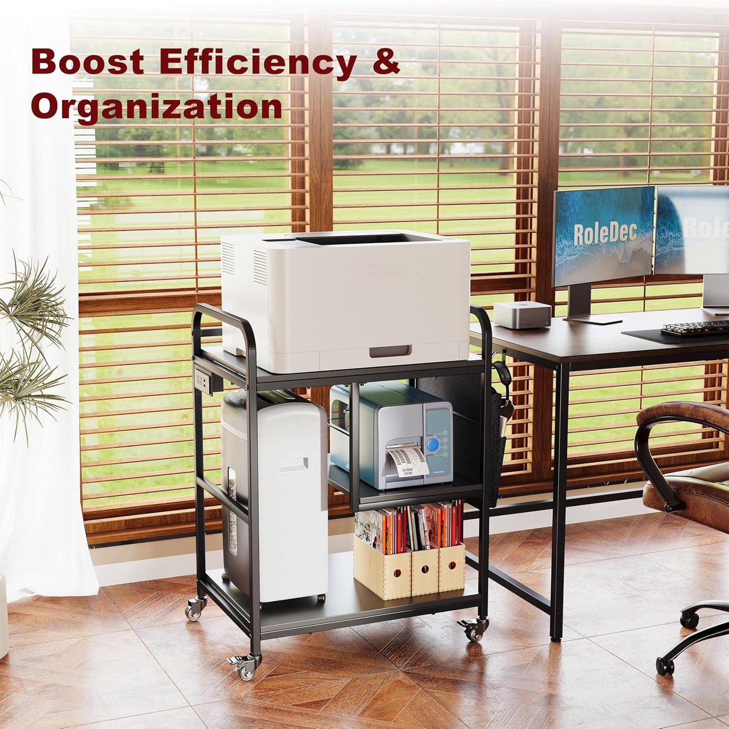 3 Tier Heavy Duty Printer Stand with Storage, Computer Tower Stand with Industrial Wheels & Drawer, Large Mobile Printer Table for Home Office Organization (Obsidian Black)