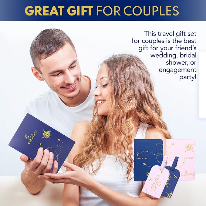 Decorably Matching Leather Mr and Mrs Passport Holder Set - Blue & Pink with Luggage Tags, for Wedding Gift, Bridal Shower, Engagement, Anniversary, Gift for Couples
