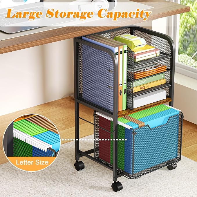 Feyejade 5-Tier Rolling File Cart Cabinet Under Desk Storage Organizer | Letter-Size Hanging File Folders, Under Desk Mobile Filing Storage, Multi-Layer Mesh Drawers, Office Efficiency Furniture