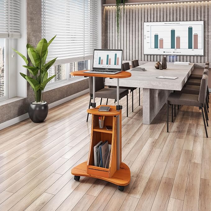 Techni Mobili Adjustable Height Rolling Laptop Cart with Storage, Woodgrain | Adjustable height rolling laptop cart with storage drawer, open shelf, wheels, sit‑stand design for office or medical use