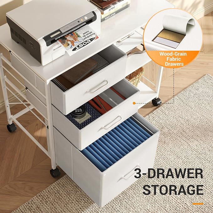 DEVAISE 3 Drawer Mobile File Cabinet with Open Storage Shelf | Rolling Printer Stand, Fabric Lateral Filing Cabinet fits A4 or Letter Size for Home Office, White