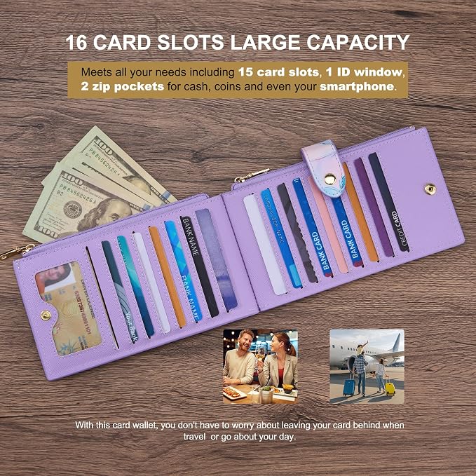 Travelambo RFID Wallet Women Large Size Bifold Multi Card Wallet Case with Zipper Pocke Credit Card Holder for Women