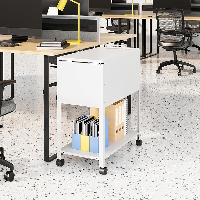 Mobile File Cart, 2-Tier Rolling File Cart with Wheels Hanging Files, Metal File Cabinet with Lock and Sliding Covers for A4/Letter/Legal Size, White