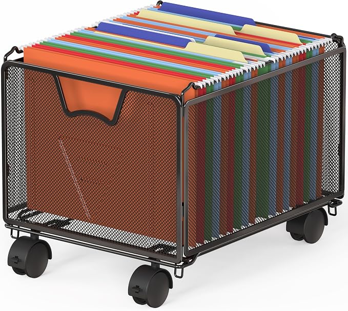 Simple Houseware Stackable Mesh Hanging Rolling File Cart, Black | File Folder Organizer with Lockable Wheels