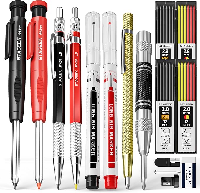 STAGEEK 17 Pack Carpenter Pencil Set with Sharpener | Construction Pencil Set with Deep Hole Long-Nib Markers , Woodworking Tool & Carpenter Pencils for Architect, DIY with Case