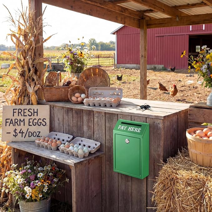 Yaocom Safe Metal Cash Box for Farm Stand – Money Drop and Secure Donation Collection, Wall Mount Lockable Unit with Pre Drilled Holes for Outdoor Self Serve(Green,10.2 x 5.7 x 2.8 Inch)