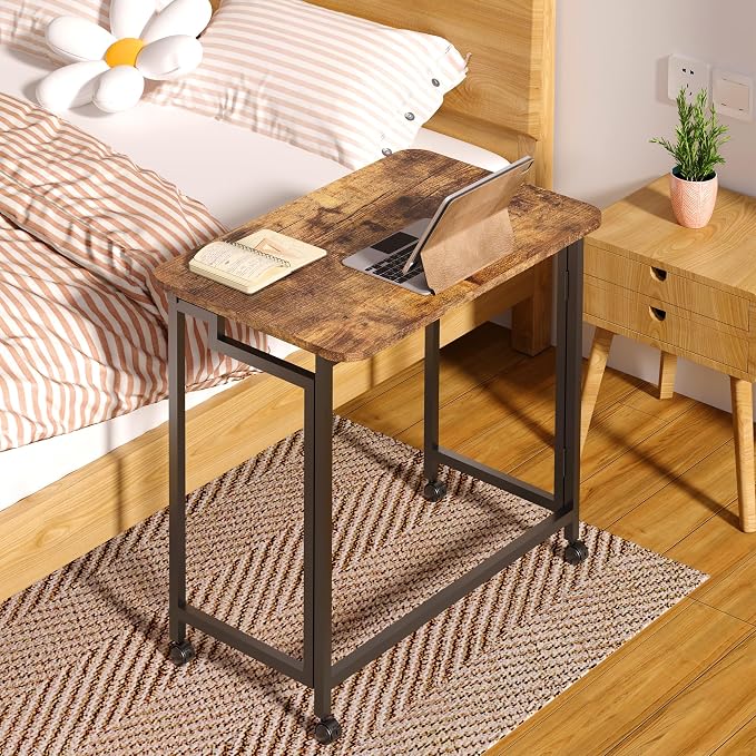 4NM 23.6" Mobile Small Rolling Computer Desk, Folding Laptop Cart Table with Wheels, Portable Office Desk for Small Space Couch Bed - Rustic Brown and Black
