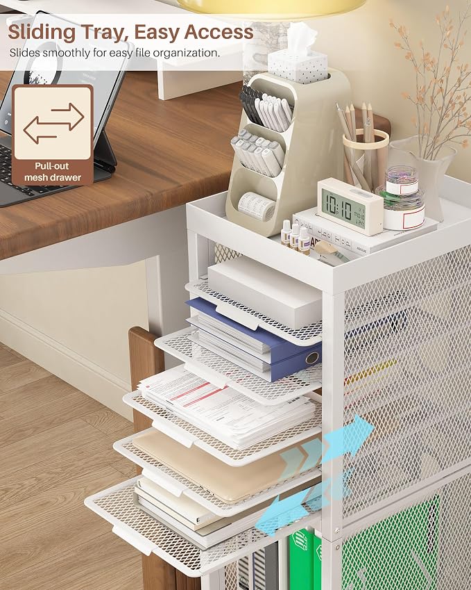 Rolling File Cart with 4 Dividers, Mobile File Cabinet with Wheels | Hanging File Folder Organizer, Under Desk Storage, Printer Stand Utility Cart Filing Cabinet for Home Office（White）