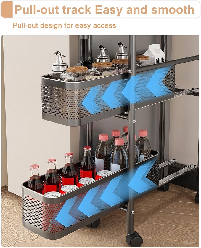 UMDONX 5-Tier Narrow Mobile Storage Cart with Pull-Out Baskets | The Multifunctional Pull-out Storage Rack Is Suitable for Bathrooms, Kitchens, and Laundry Rooms