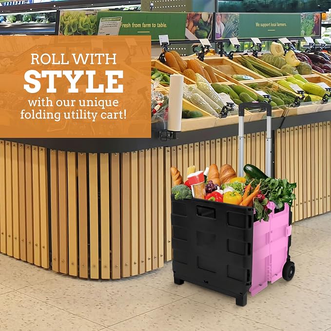 Ultra-Slim Rolling Collapsible Storage Pack-N-Roll Utility-carts, with Telescopic Handle, for Home, Garden, Shopping, Office, School use, Large, Pink & Black