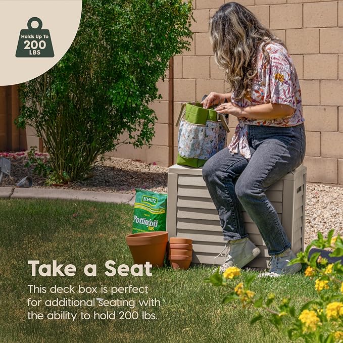 IRIS USA 35 Gallon Outdoor Deck Box, Lockable, Weather-Resistant, Beige | UV-Protected, Waterproof Resin, Patio Storage for Cushions, Garden Tools & Packages
