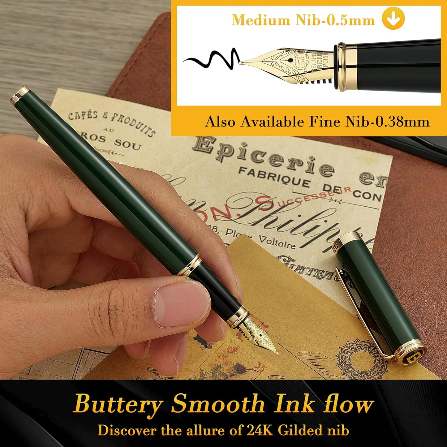 BEILUNER Racing Green Fountain Pen,Stunning Luxury Pens with 24K Gold Finish, Gorgeous 24K Gilded Nib(Medium), Fancy Pen Gift for Men&Women -Ink Converter-Christmas, Office,Fancy,Nice Pen for Writing