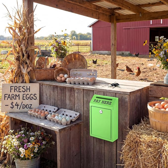 Yaocom Safe Metal Cash Box for Farm Stand – Money Drop and Secure Donation Collection, Wall Mount Lockable Unit with Pre Drilled Holes for Outdoor Self Serve(Grass Green,10.2 x 5.7 x 2.8 Inch)