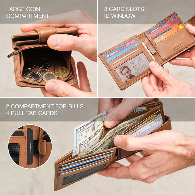 Soft Leather Wallet for Men, Genuine Bifold with Zipper Coin Pocket | Holds Bills, Credit Cards, Coins – RFID Blocking – Stylish, Durable & Practical Leather Wallet for Men